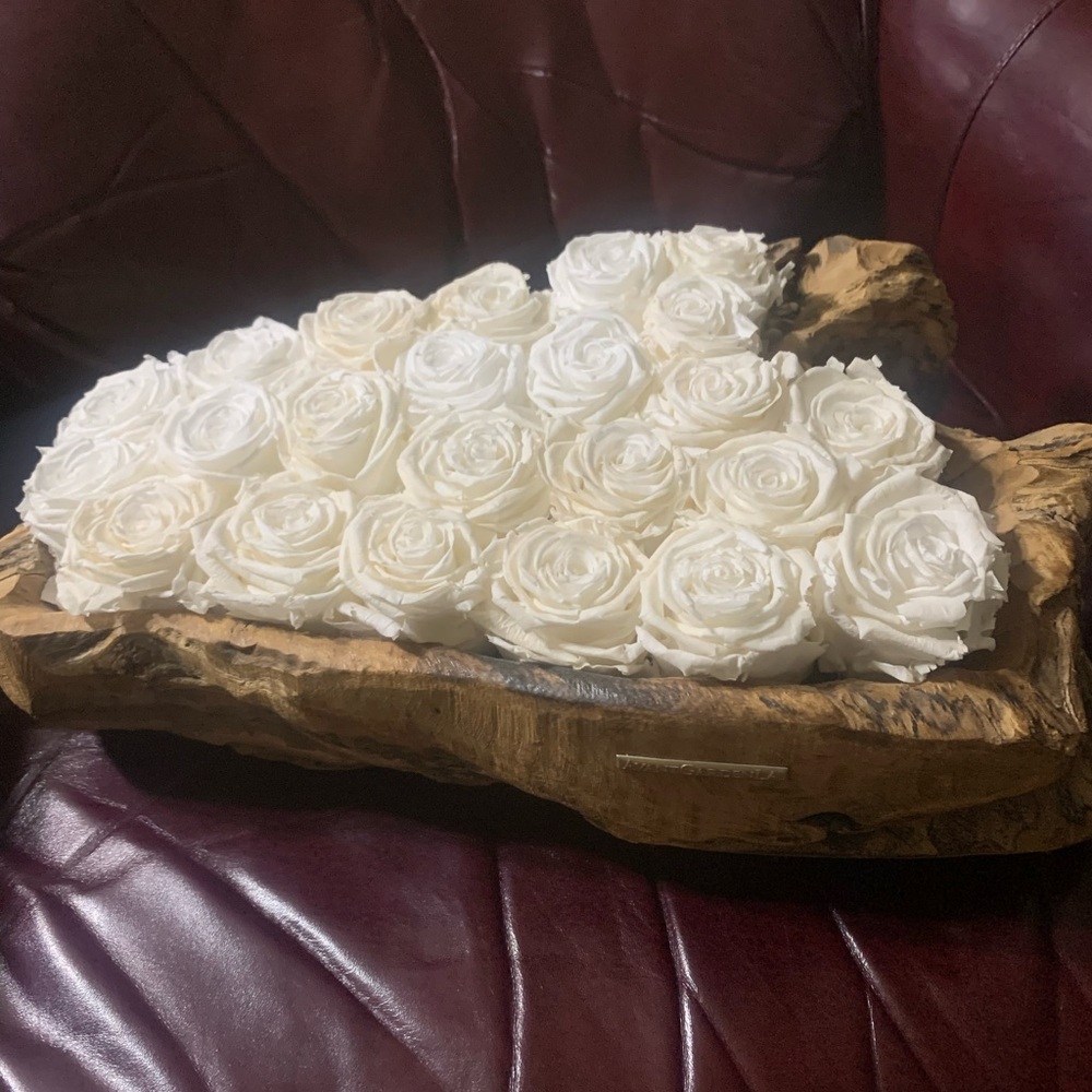 Elegant White Rose Arrangement in Rustic Wooden Tray